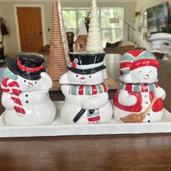 Holiday Time Snowman Ceramic Treat Jars and Tray