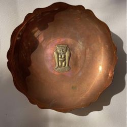 5.5” Copper Tri Footed Bowl With Brass Aztec Pre Columbia Motif