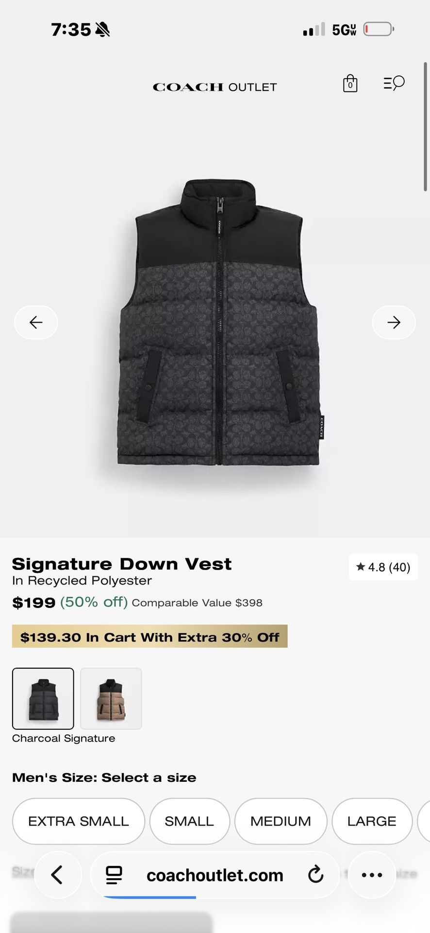 Coach Signature Down Vest Size xl