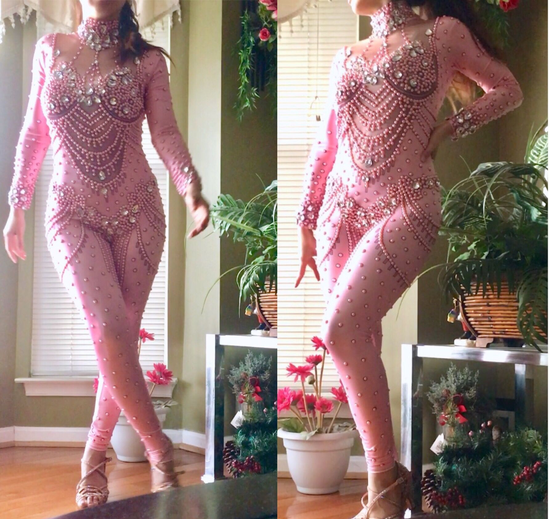 🆕🌸Gorgeous Pink Rhinestone Dance Costume Performance Bodysuit