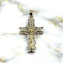 14kt 7.30g Two Tone Gold with Princess Cut Clear Stones Religious Cross Pendant.