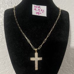 10K Solid Gold Paper Clip Chain and Pendant CUBIC ZIRCONIUM STONES 9.2Gr 18 Inches Long 