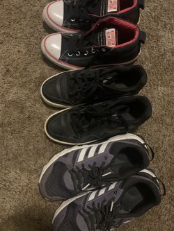 5 Convers a red one $15 Nike force 7.5 in the middle $15 and Adidas cloud foam $20 8 purple