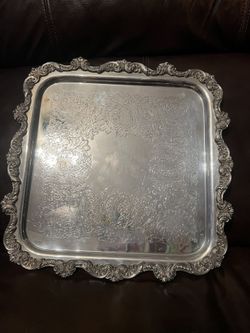 Vintage Large Silverplate Ornate Footed Square Tray By Poole Co. Floral etched design  EPCA Silverplate by Poole 813 etched on the bottom of the tray.