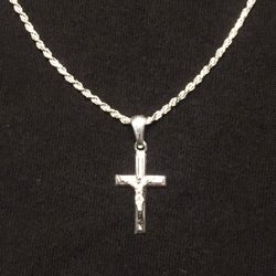Solid Silver Chain Rope Chain 20in 2mm And Silver Cross Pendant Set 