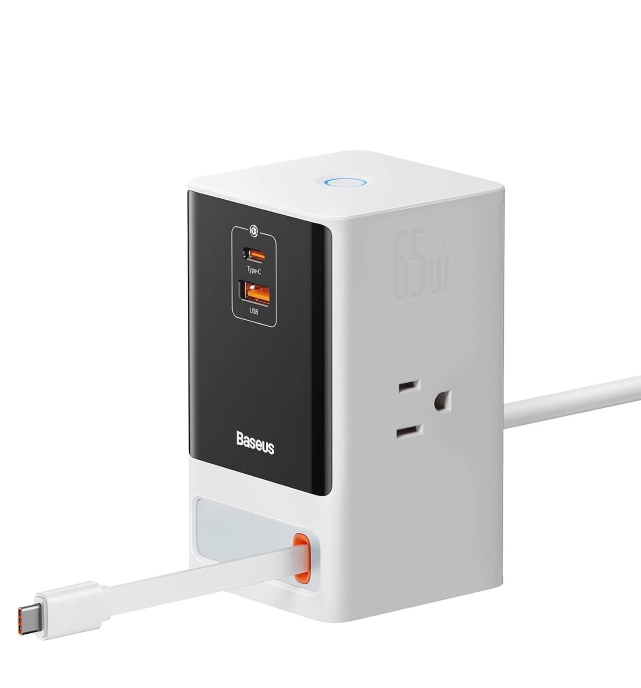 Baseus 6-in-1 65W Charging Station with Retractable USB-C Cable, Power Combo USB C Power Strip for Multiple Devices, Fast Charger for iPhone, MacBook,