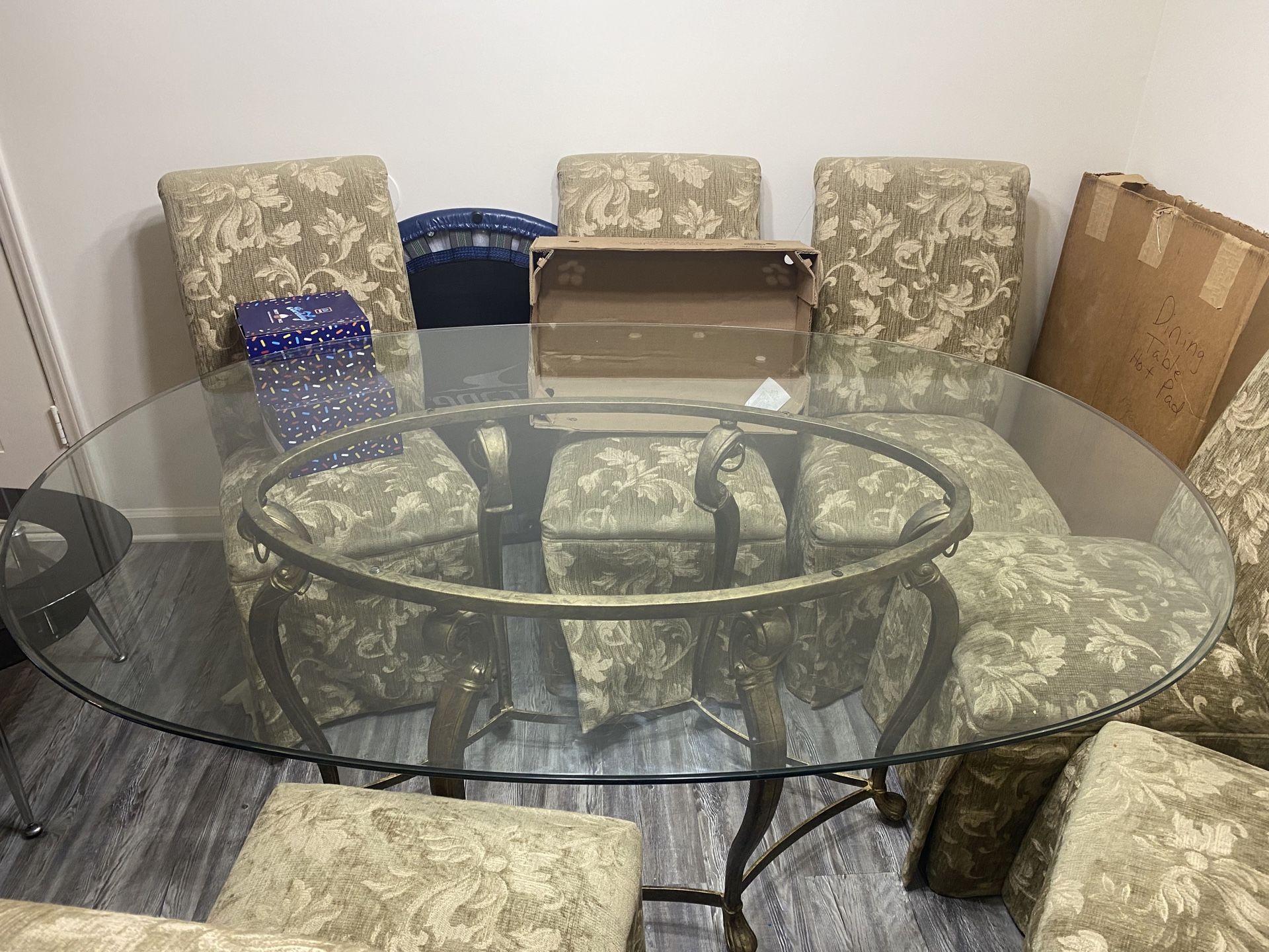 Glass Dining Table Set w/ 6 Chairs + Hot Pad – Solid Condition