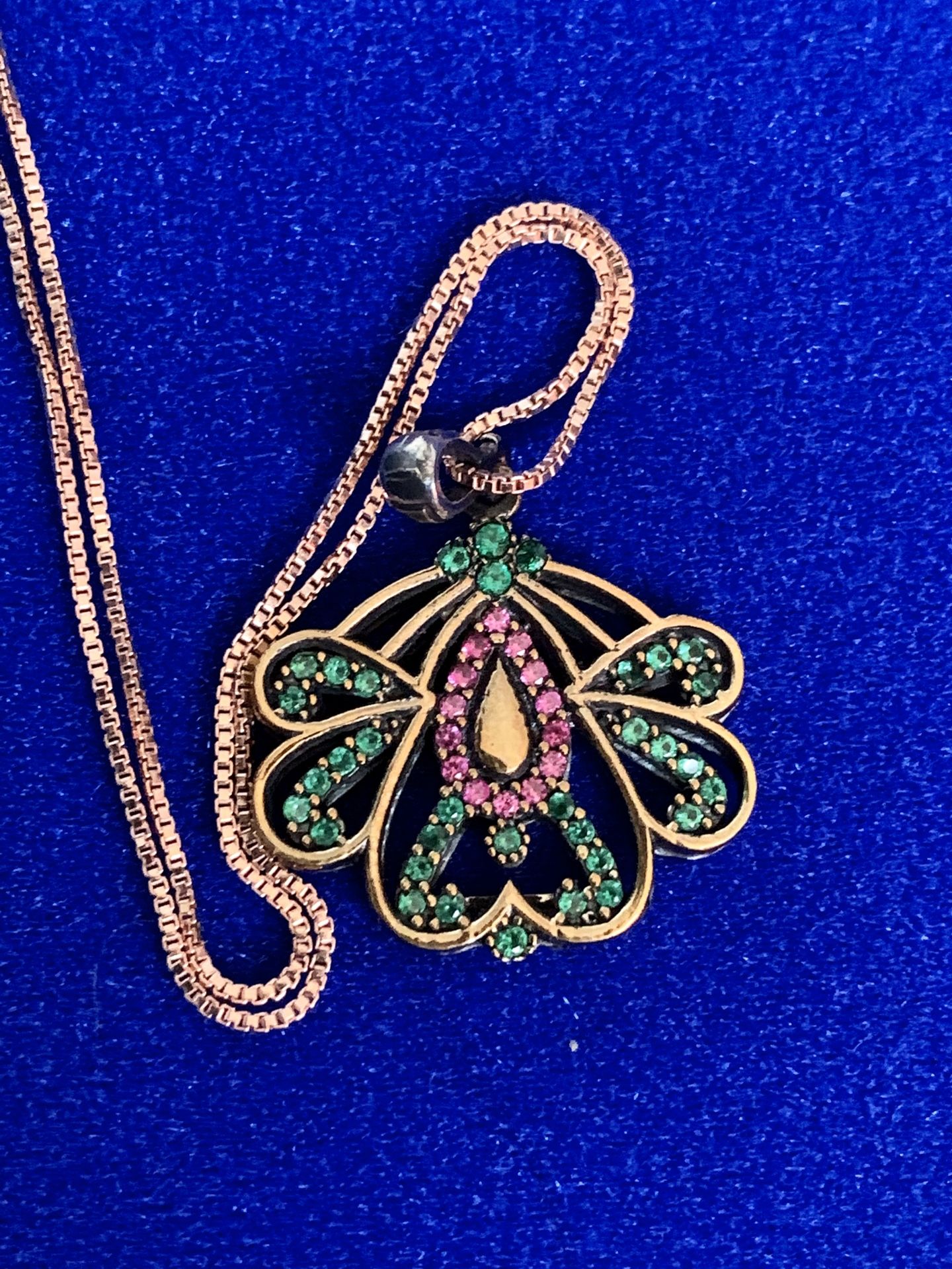 Artisan Ruby Emerald Topaz Lotus Pendant Rose Gold Italian Necklace Chain