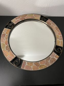 PIER 1 Stone Mosaic and Metal Round Mirror Table-Top or Hanging 13" Diameter