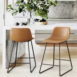 Bar Counter Stools Set Of 2 Faux Leather Metal Frame 33”