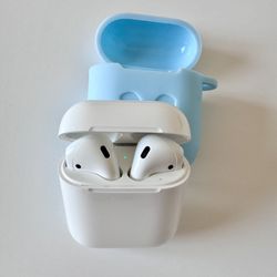 Genuine Apple AirPods 2 + Blue Silicone Case. Clean, Works Perfectly.