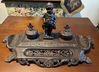 Maitland Smith Antique Vintage Bronze Double Inkwell, Boy Sculpture