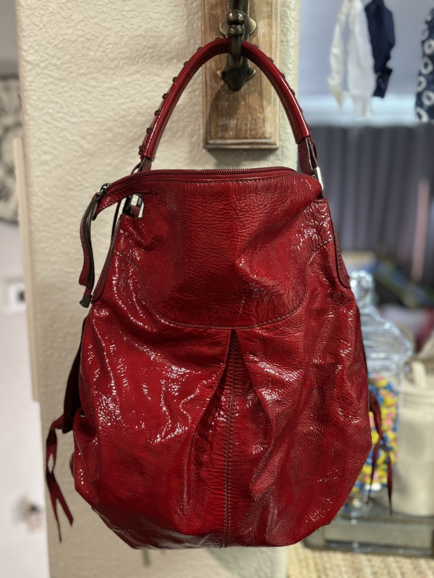 Francesco Biasia Deep Red Italian Patent Leather Slouch Bag