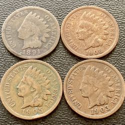 Four (4) Indian Head Pennies Vintage Antique US Cent Coins Over 100 Years Old 