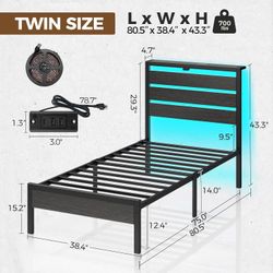 Rolanstar Bed Frame Twin Size with USB Charging Station, LED Bed Frame with Wood Storage Headboard, Black Metal Platform Bed with Under Bed Storage, N