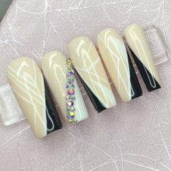 Long square press on nails line art and rhinestones