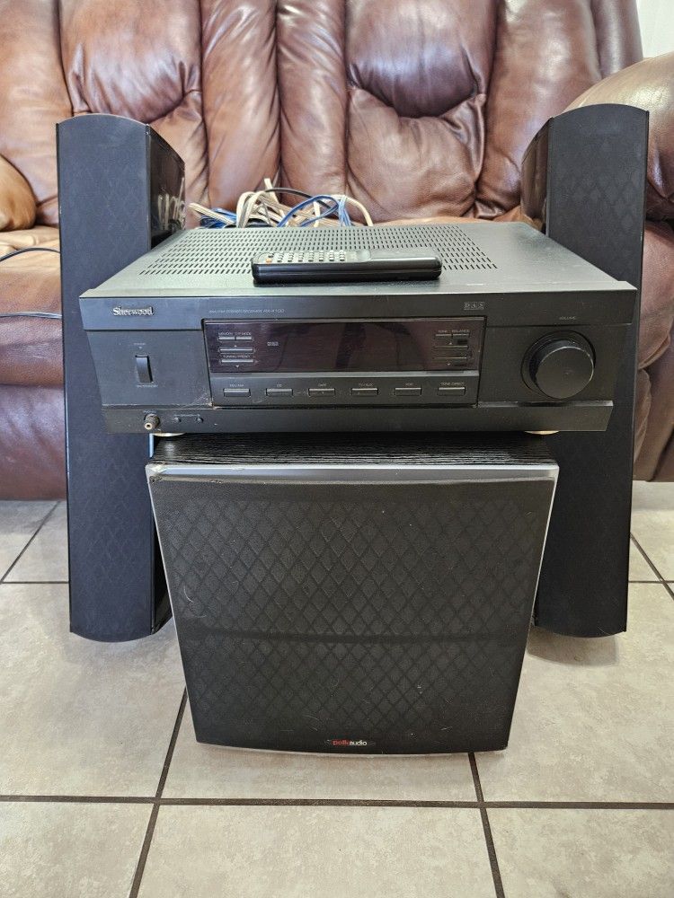 Sherwood Receiver W/Remote, 2 Polk Audio Tower Speakers, Polk Audio Sub