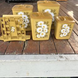 Vintage Mustard / Gold Plastic Daisy Canister Set With Napkin Holder