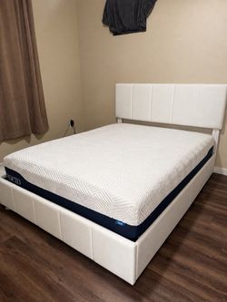Queen Size White Upholstered Bed Frame with Mattress