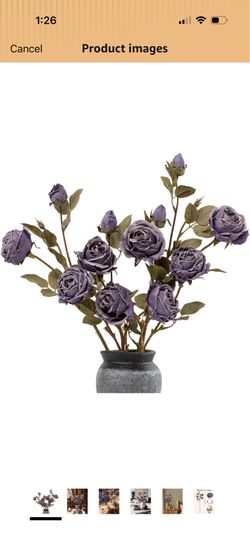 FF 12 Blooms Dusty Purple Roses Artificial Flowers, 4Pcs Vintage Faux Silk Roses Bouquet with Long Stems，Fake Dried Flowers for Vase Filler Indoor Hom
