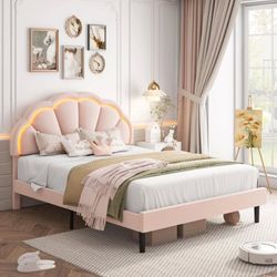 Queen LED Bed Frame for Girls, Upholstered Platform Bed with Adjustable Petal Headboard