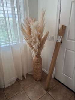 Large Woven Floor Vase with Faux Pampas Grass