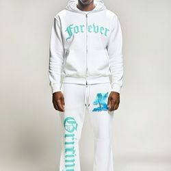 Teal Zip Hoodie and Stacked Pants Outfit Set  - Forever Grinding Streetwear
