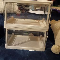 stackable clear plastic storage/shoe boxes with front  opening