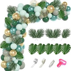 Amandir 151Pcs Jungle Safari Balloon Garland Kit, Metallic Green Gold Tropical Balloons Arch Artificial Palm Leaves for Animal Dinosaur Two Wild One B