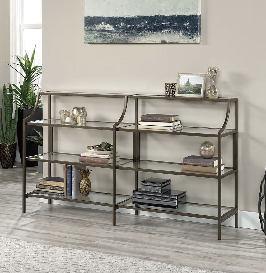 Lux Console Table 5 Tier Modern Metal Multipurpose Sofa Table Bookcase with Glass Shelving, in Bronze 
