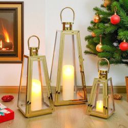 TRIROCKS Set of 3 Stainless Steel Candle Lantern 11/16/21''H Metal Outdoor Candle Holder Decorative Hanging Lantern with Tempered Glass for Home Livin