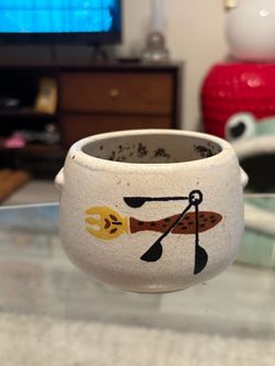 Vintage Ceramic Pottery Bowl with Folk Art Design
