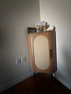Knocbel Rustic Corner Storage Cabinet with Rattan Door and Adjustable Shelves, Living Room Accent Cabinet Free Standing Organizer Unit with Metal Legs