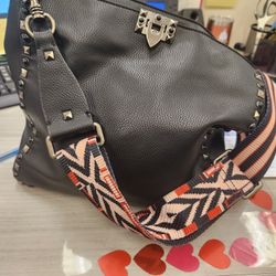 Inzi Black Leather Studded Crossbody Handbag