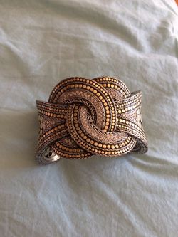John Hardy 18Kt Yellow Gold and Sterling Silver Diamond Twisted Dot Cuff