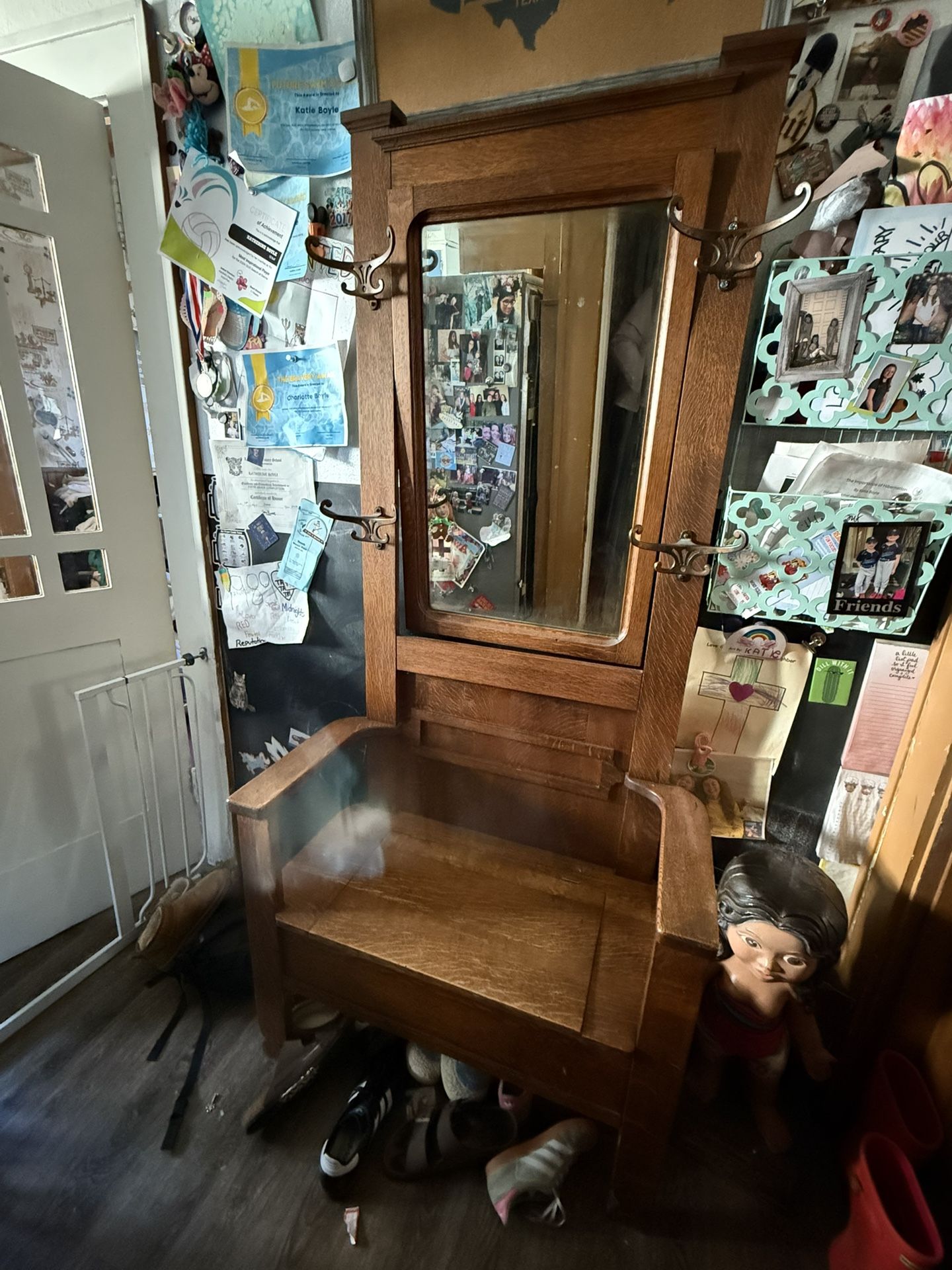 Antique Solid Wood Hall Tree With Storage