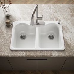 New KOHLER “Hartland” Drop-In ENAMELED CAST-IRON Kitchen Sink - DOUBLE BOWL 33 in. 4-Hole WHITE