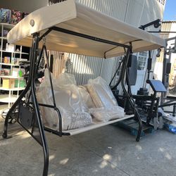 3 in 1 Outdoor Porch Swing with Adjustable Canopy, 3 Seat Outdoor Swing for Adults, Patio Swing Chair with Thickened Cushions,Pillows & Cup Holders ,K