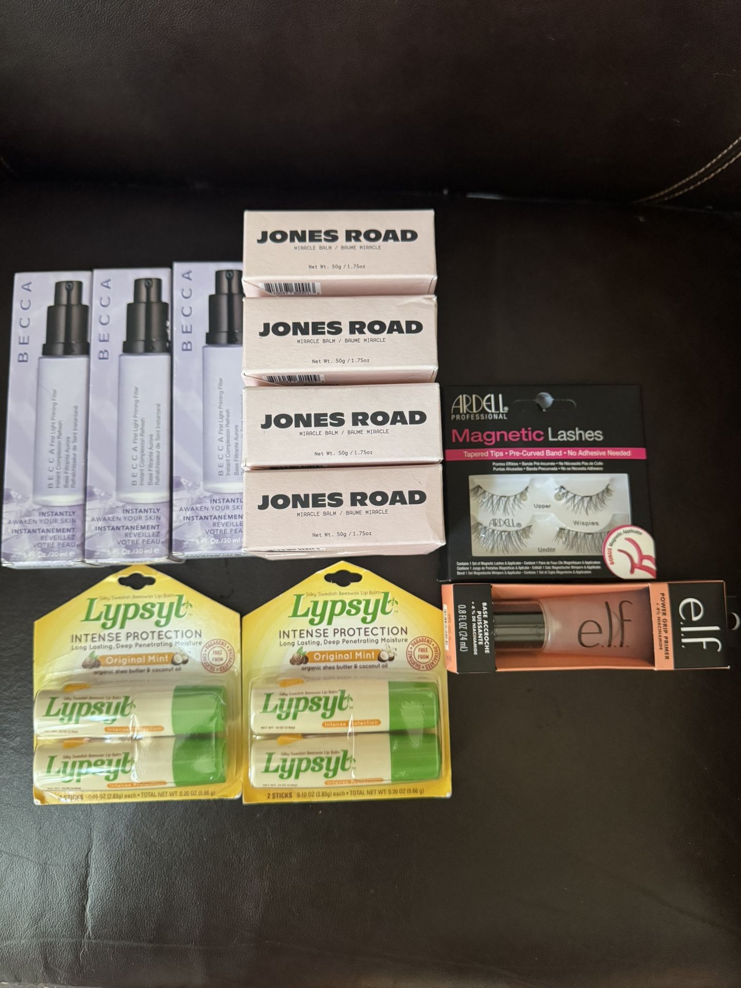 Becca First Light Primer, Jones Road Miracle Balm, Chapstick, Elf Primer, Magnetic Lashes