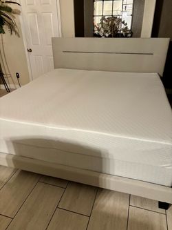 New Beige Upholstered Wood Frame King Size Platform Bed including mattress