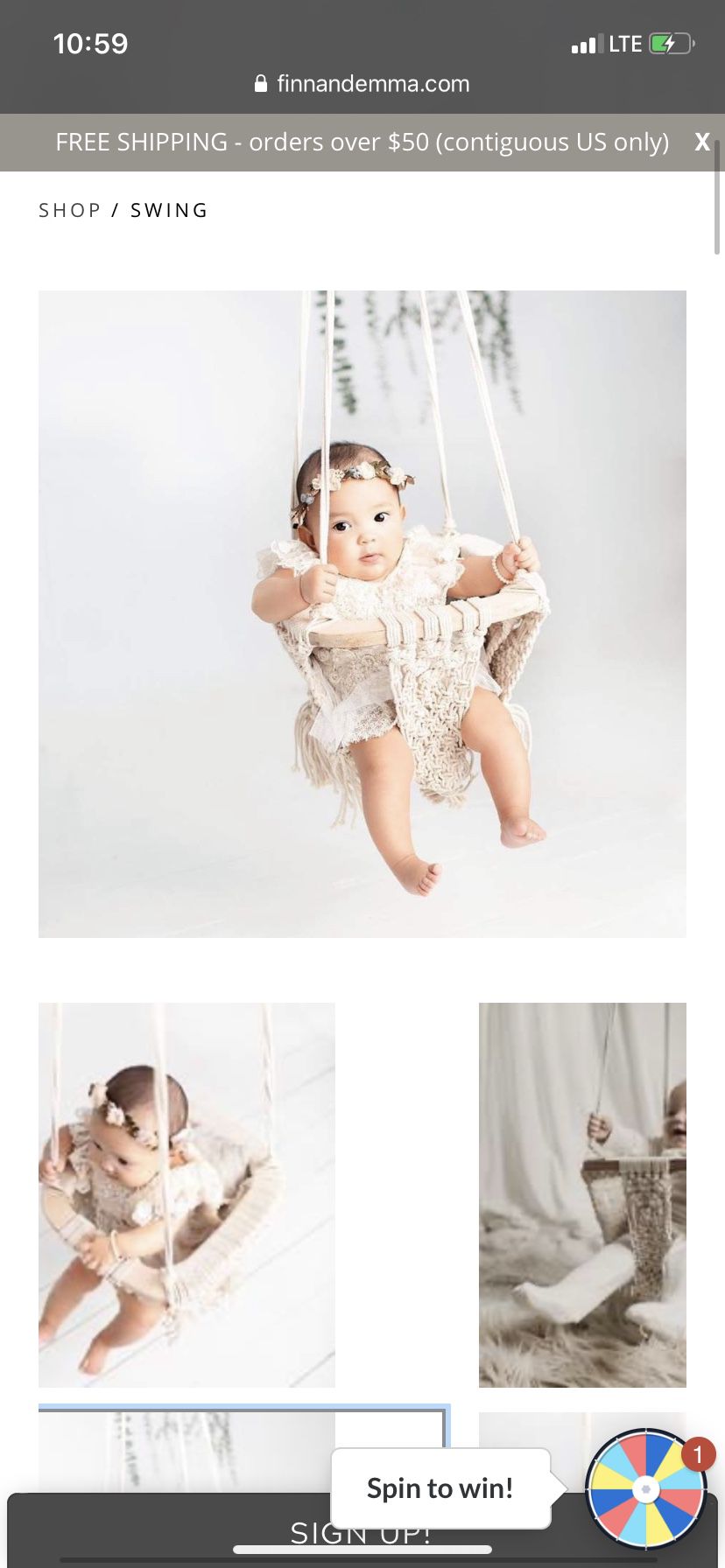 Brand new Finn and Emma macrame baby swing with raccoon rattle