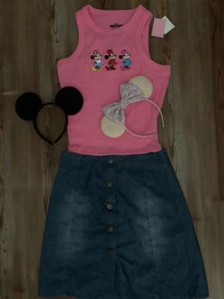 NWT Mickey Mouse Embroidered  Ribbed Top (S) & Denim Skirt (XS) +2! Sequined& Plain Head Bands 
