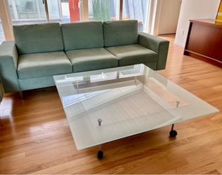 J.P. CAILLERES Modern Glass Coffee Table Square w/Brushed Metal Legs - $195 (Lake Oswego)