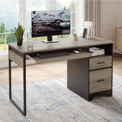 48-inch computer desk with drawers, office desk with storage, industrial wood desk with file drawer, keyboard tray, and 2 hooks