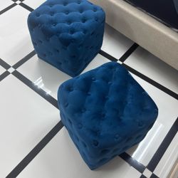Set Of 2 Blue Velvet Ottomans