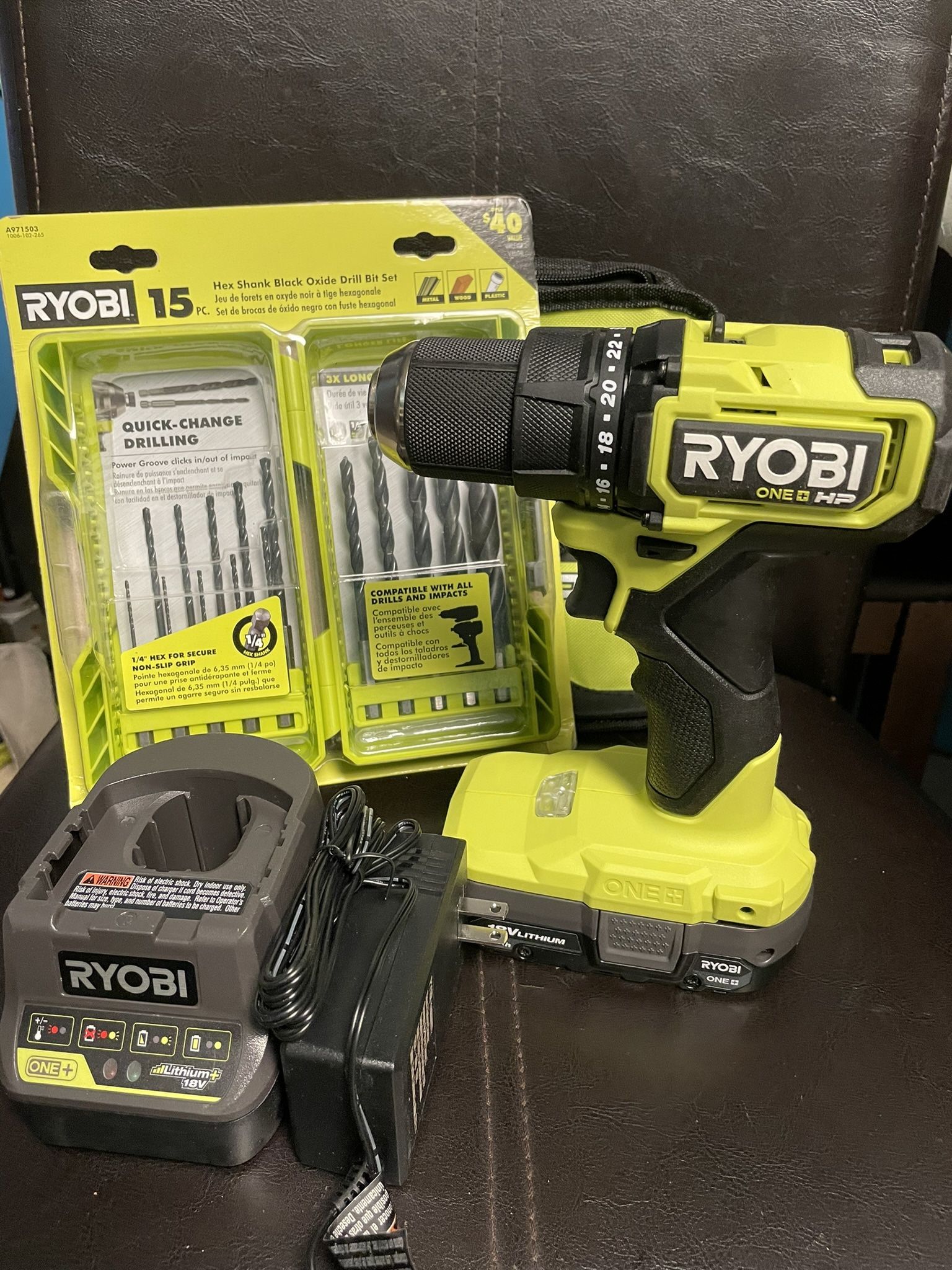 RYOBI ONE+ HP 18V Brushless Cordless Compact 1/2 in. Drill/Driver Kit with (1)1.5 Ah Batteries, Charger and Bag W/drill Bit Set