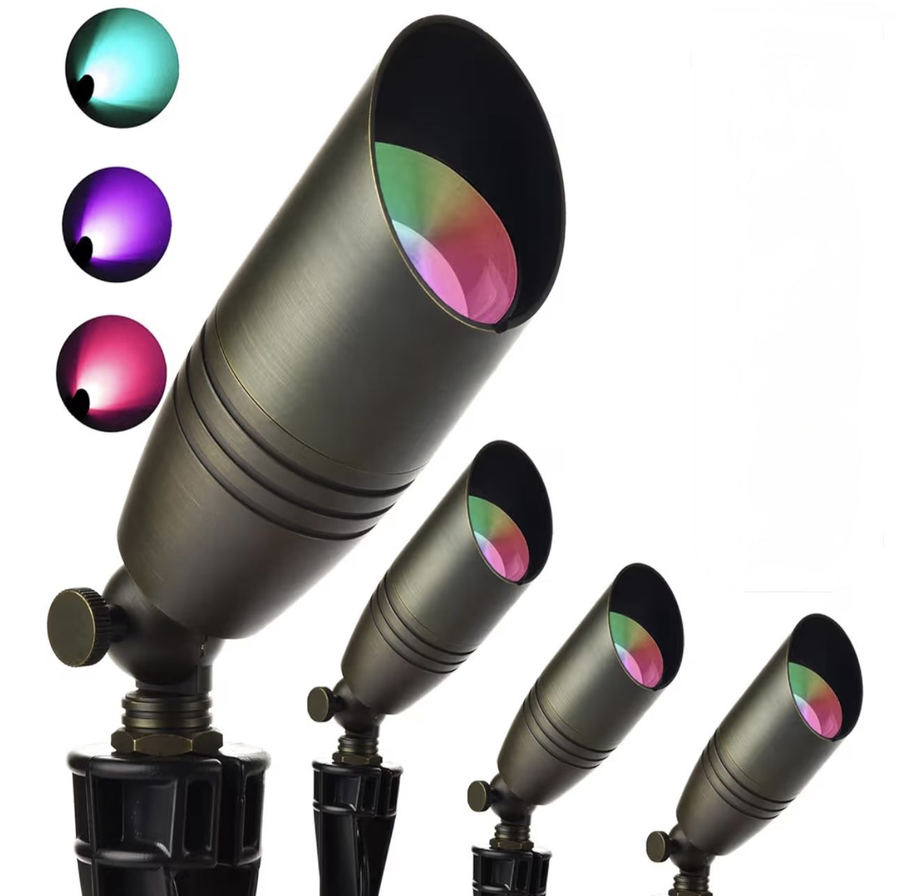 4pack RGB Low Voltage Landscape Lighting, Color Changing Brass Landscape Lights with 4 MR16 Light Bulbs, 12V Outdoor Spot Lights for Yard Garden Pathw