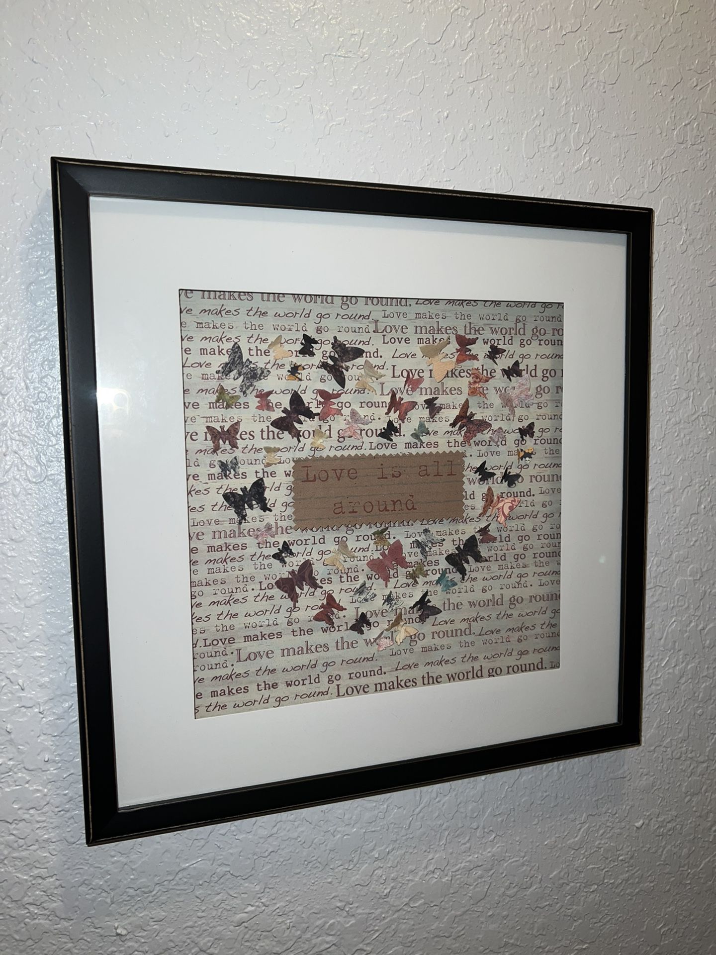 Butterfly Heart 'Love is all around' and 'Love makes the world go round' Design Framed 16in x 16in