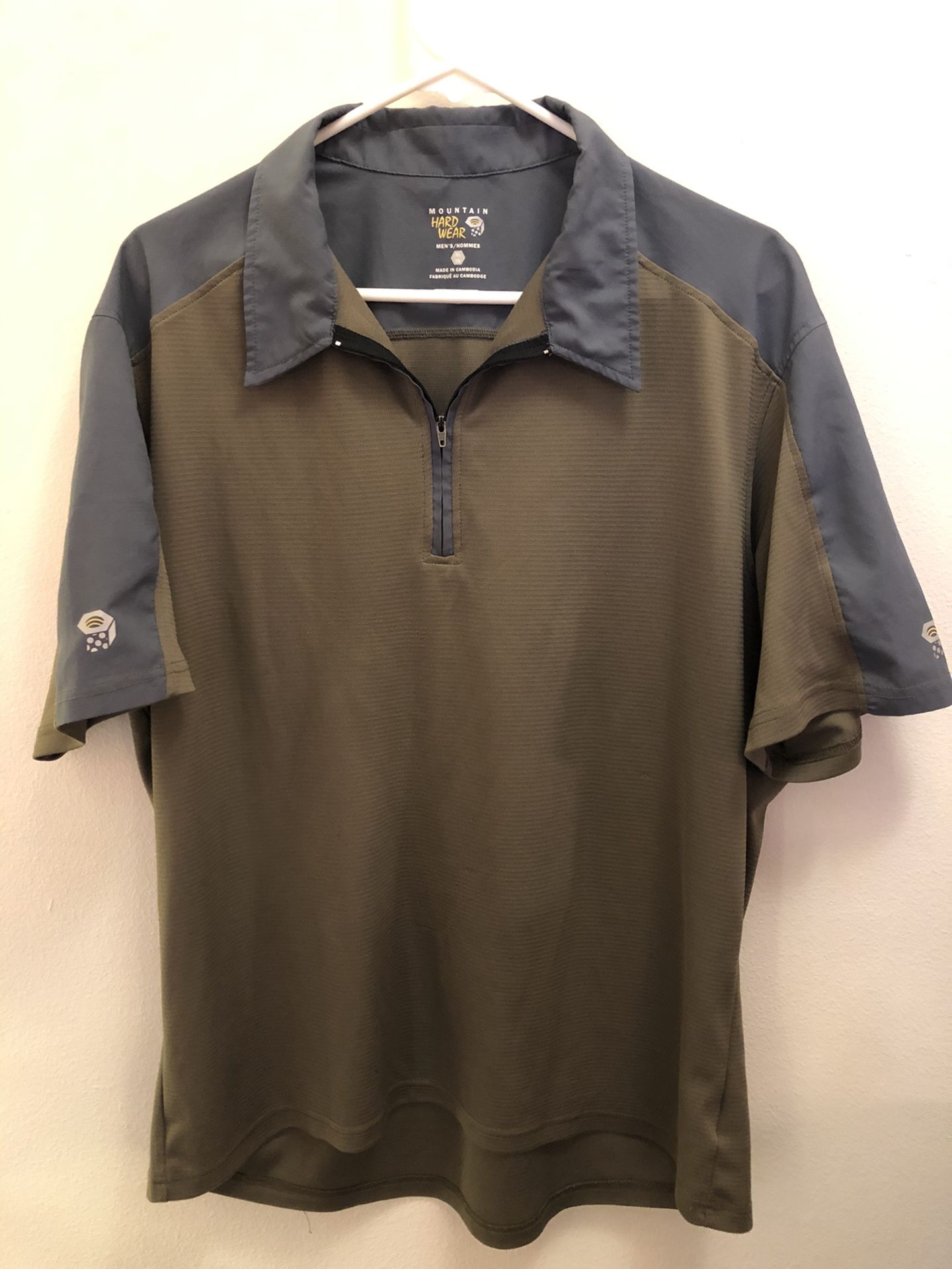 Mountain Hardwear Quarter Zip Polo Shirt Men's SZ XL Tan & Gray Hiking Causal