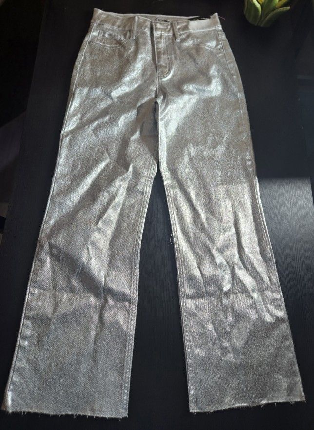 Art Class Girl's Size 14 High Rise Baggy Metallic Wide Leg Denim Pants Silver